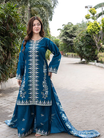 ZW006 - Peacock Blue Embroidered 3 Piece Suit