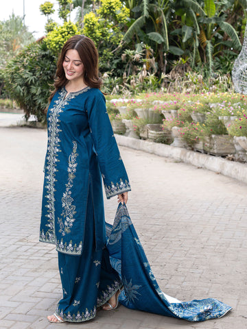 ZW006 - Peacock Blue Embroidered 3 Piece Suit