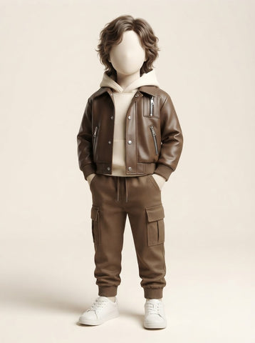MW142 - Boys Faux Leather Jacket, Hoodie & Cargo Pant 3-Piece Set - 1 to 5 Years