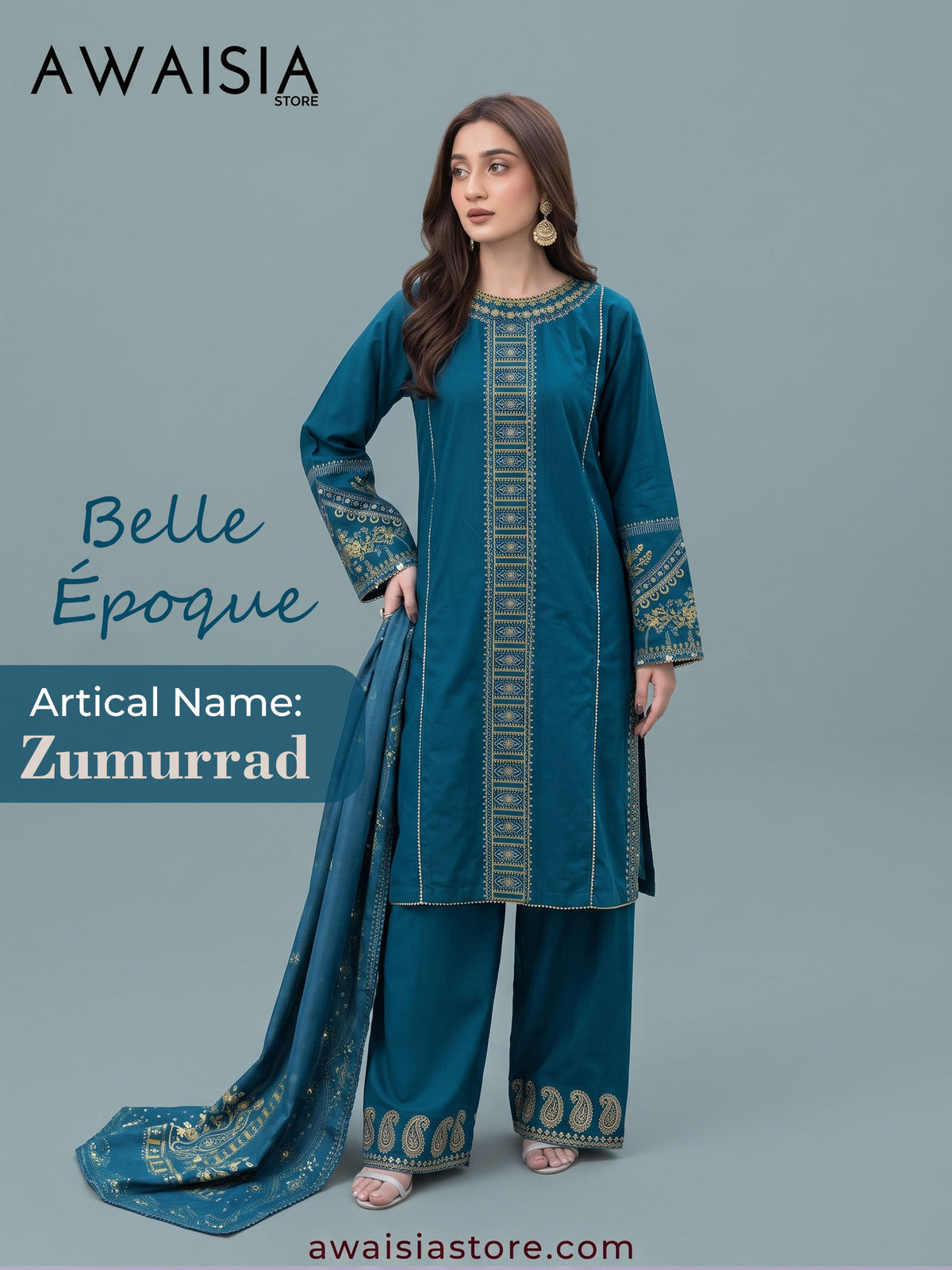 ZW005 - Deep Teal Embroidered 3 Piece Suit