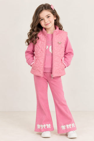 Girls Heart Quilted Vest & Flared Pants 3-Piece Set - 1 to 5 Years