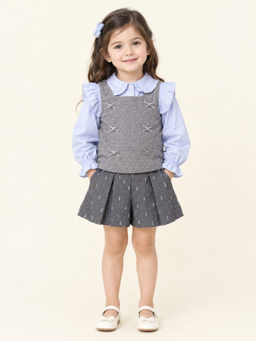 Girls Ruffle Collar Blouse & Tweed Bow Vest skirt suit 3-Piece Set - 1 to 4 Years
