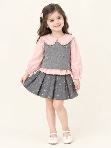 Girls Ruffle Collar Blouse & Tweed Bow Vest skirt suit 3-Piece Set - 1 to 4 Years