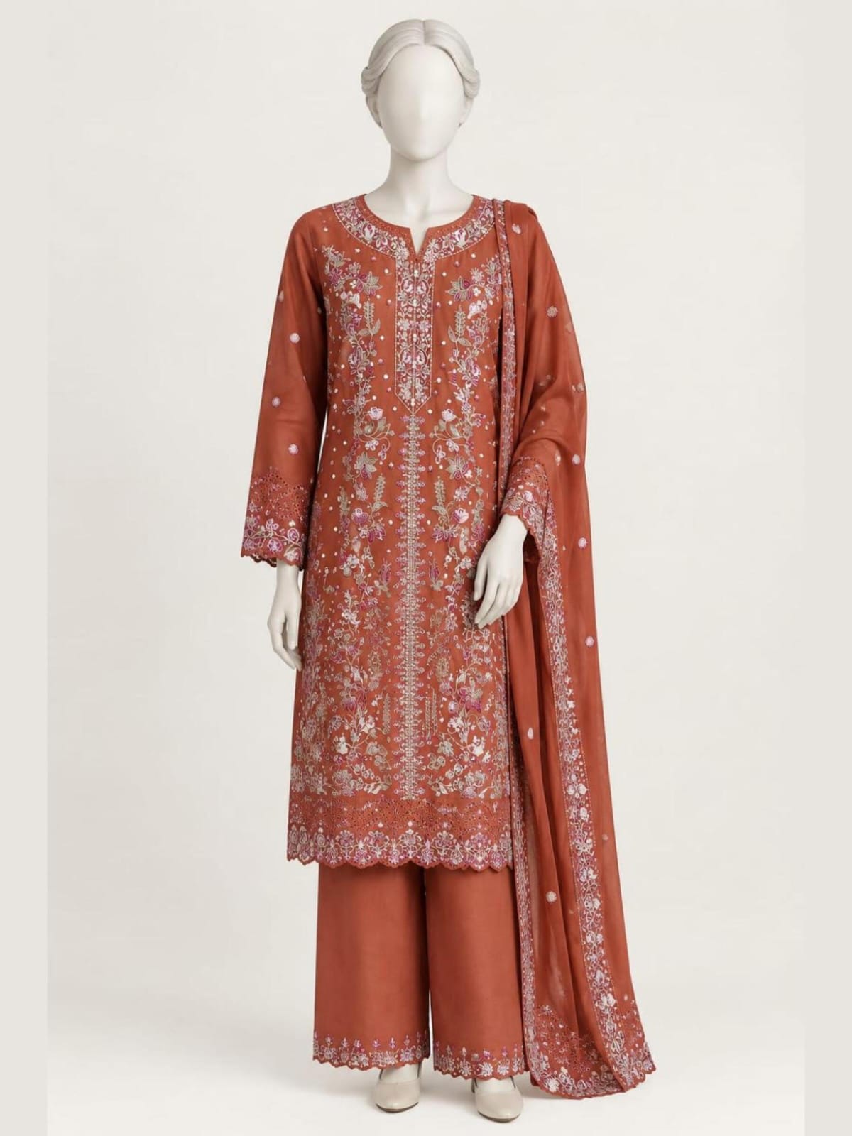 ZW004 - Women Rust Embroidered 3PC Formal Suit (Rust)