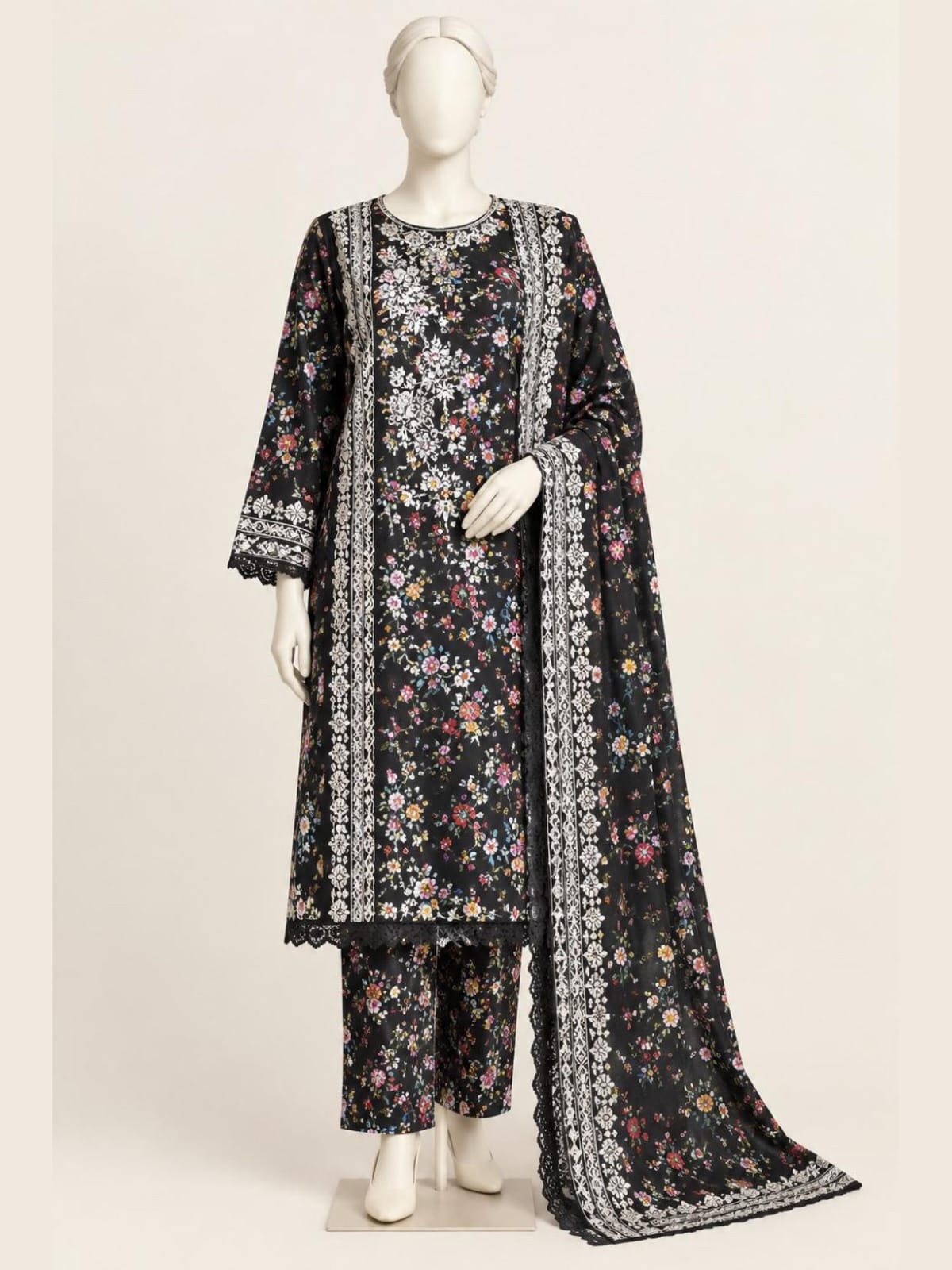ZW004 - Women Black printed 3PC Casual Suit (Black)