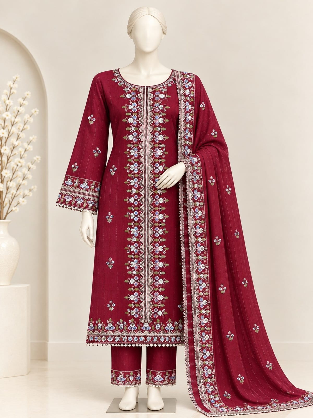 ZW008 - Women Red Embroidered 3PC Formal Suit  (Red)