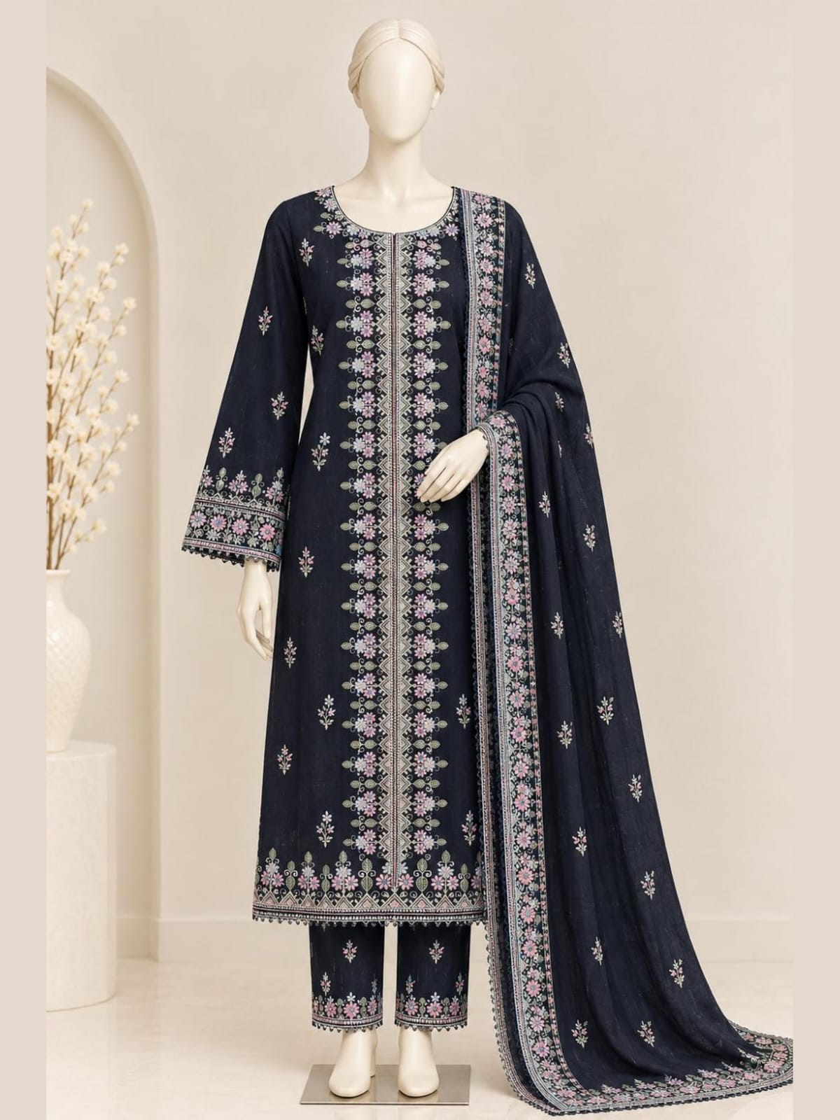 ZW008 - Women Black Embroidered 3PC Formal Suit (Black)