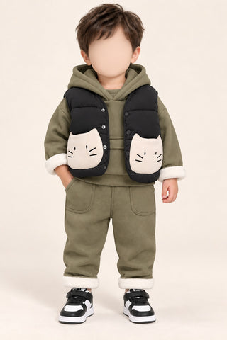 Boys Cat Pocket Hooded Vest 3-Piece Set - 1 to 4 Years