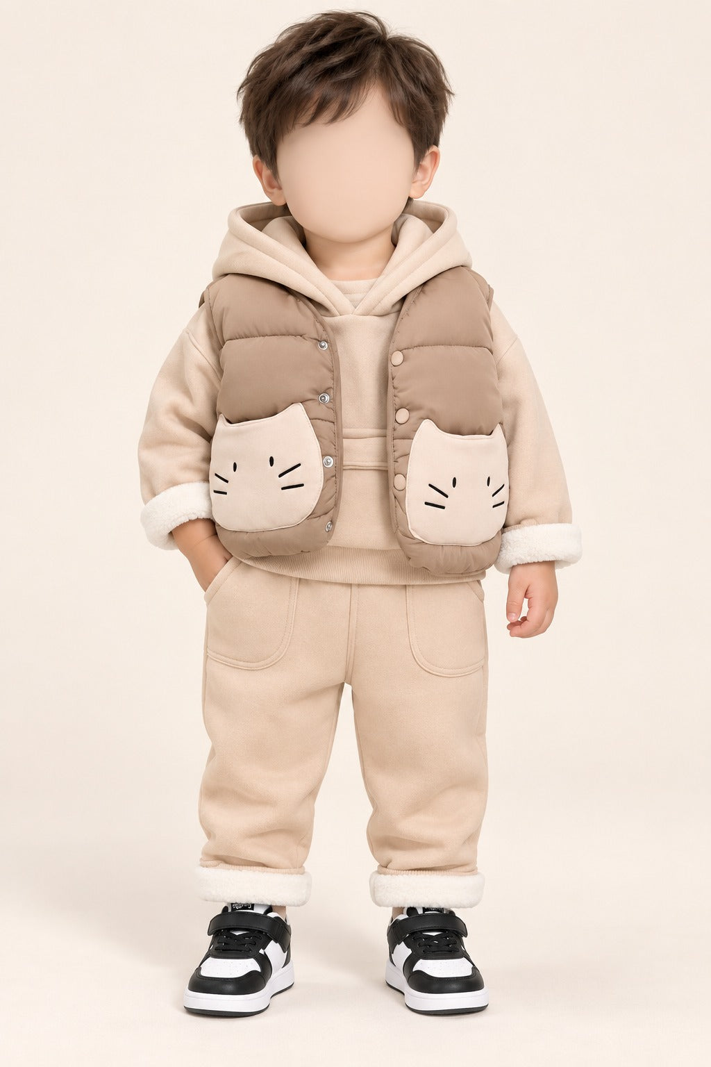 Boys Cat Pocket Hooded Vest 3-Piece Set - 1 to 4 Years