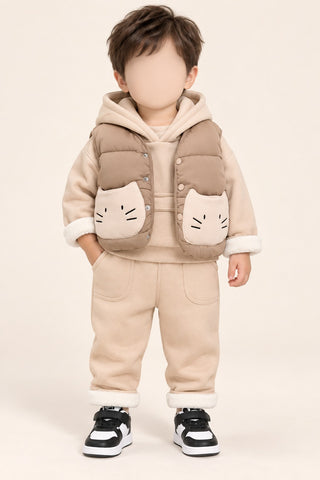 Boys Cat Pocket Hooded Vest 3-Piece Set - 1 to 4 Years