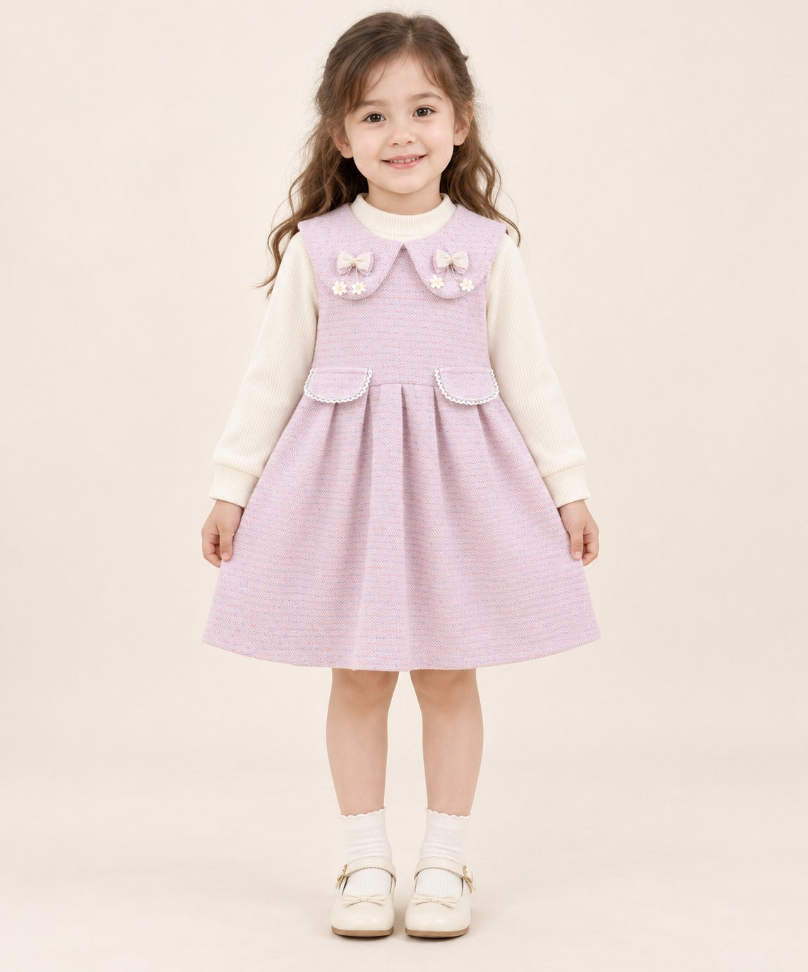 Girls Tweed Collar Bow Pinafore Dress with Turtleneck - 3 to 10 Years