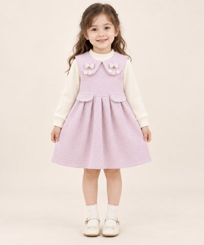 Girls Tweed Collar Bow Pinafore Dress with Turtleneck - 3 to 10 Years
