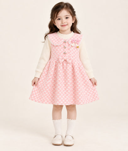 Girls Houndstooth Lace Collar Bow Pinafore Dress with Turtleneck - 3 to 10 Years