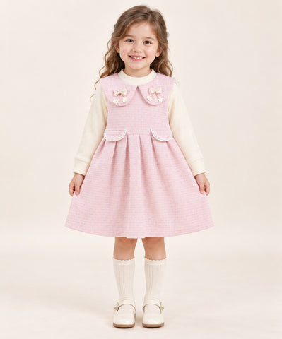Girls Tweed Collar Bow Pinafore Dress with Turtleneck - 3 to 10 Years