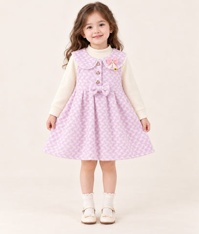 Girls Houndstooth Lace Collar Bow Pinafore Dress with Turtleneck - 3 to 10 Years