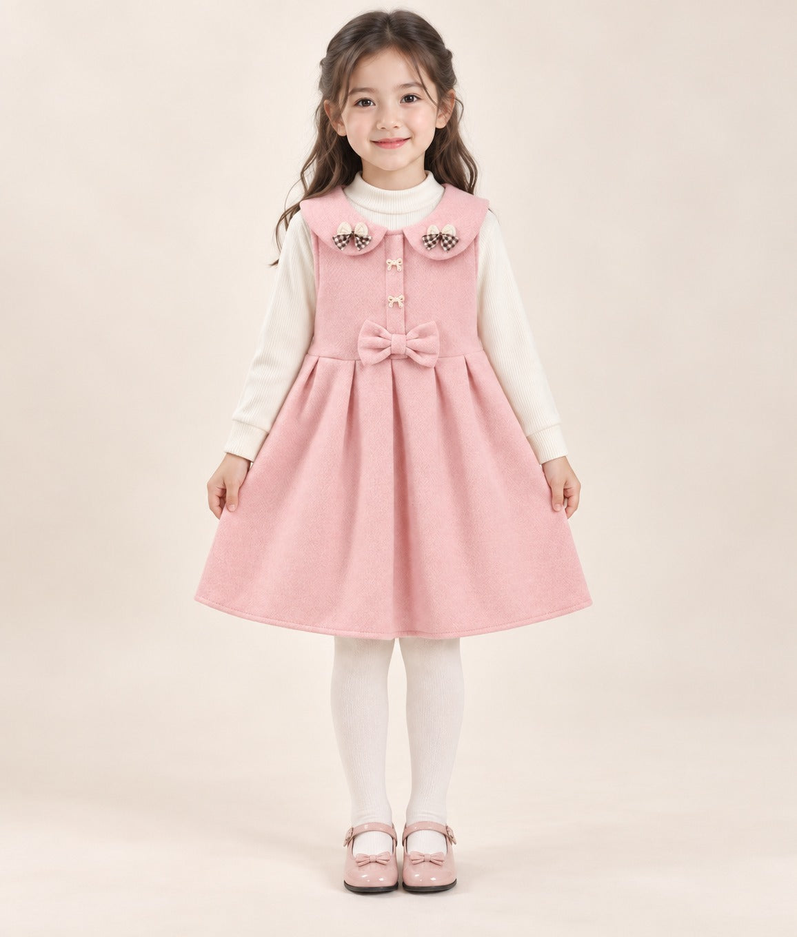 Girls Collar Bow Pinafore Dress with Turtleneck - 3 to 10 Years