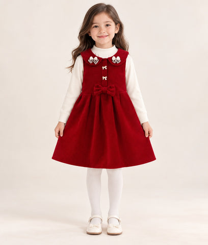 Girls Collar Bow Pinafore Dress with Turtleneck - 3 to 10 Years