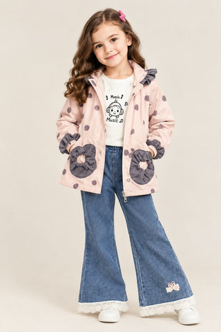 MA498 - Girls Polka Dot Ruffle Hooded Jacket & Lace Flared Jeans 3-Piece Set - 1 to 4 Years