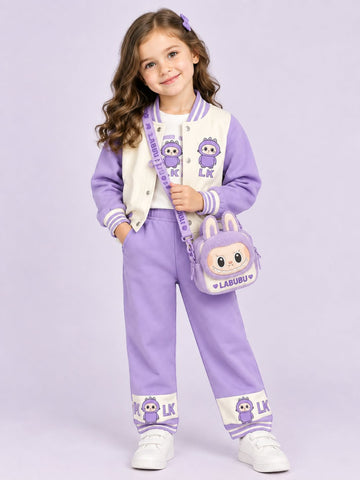 MA505 - Girls Cartoon Print Varsity Jacket Set with Plush Bag - 1 to 4 Years