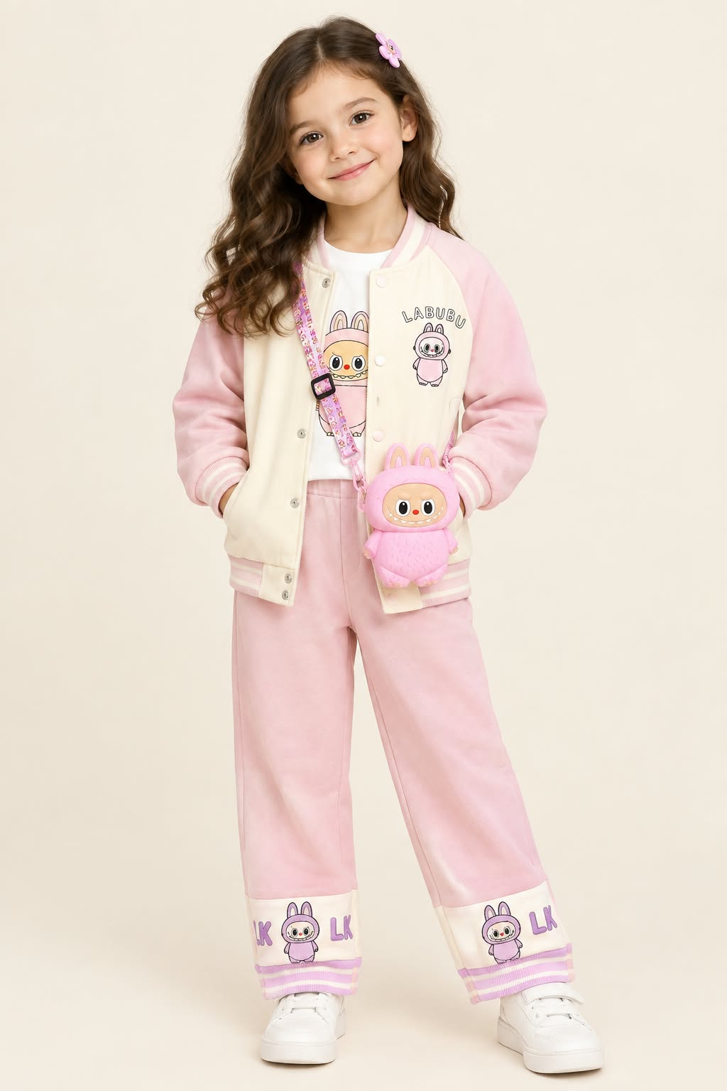 MA505 - Girls Cartoon Print Varsity Jacket Set with Plush Bag - 1 to 4 Years