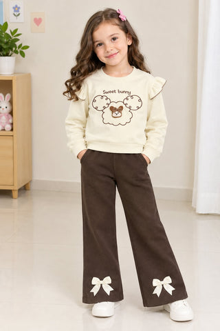 MW121 - Girls Sweet Bunny Ruffle Sweatshirt & Bow Flared Pant Set - 1 to 4 Years