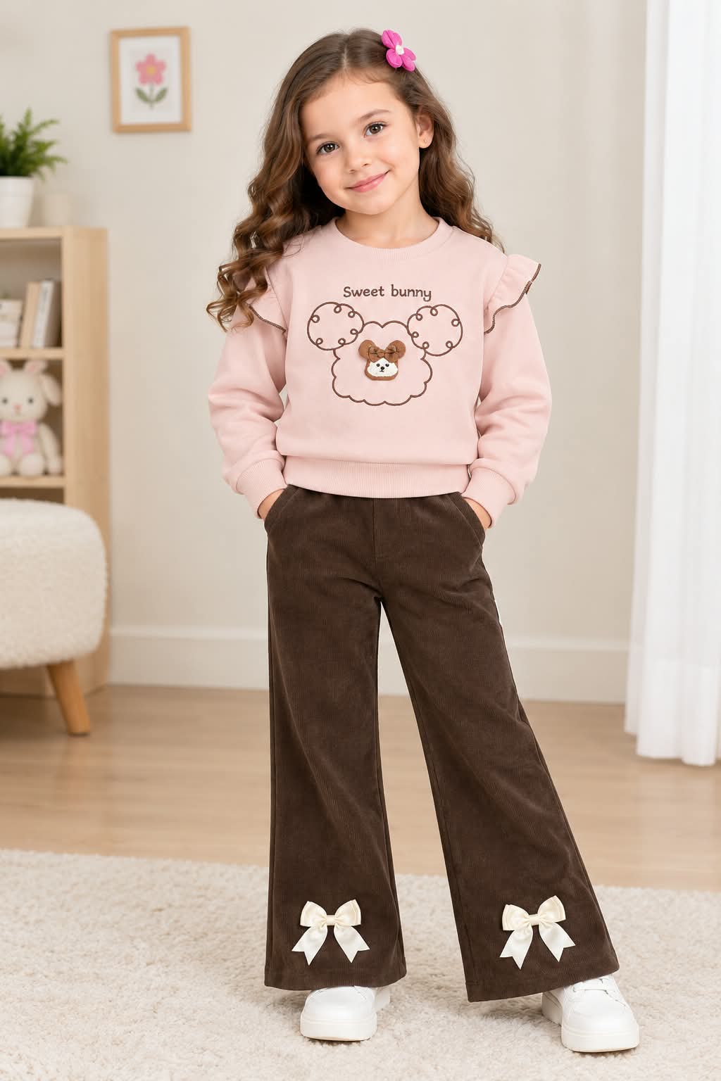 MW121 - Girls Sweet Bunny Ruffle Sweatshirt & Bow Flared Pant Set - 1 to 4 Years