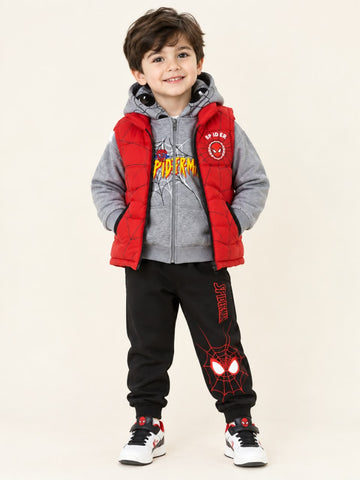 MA810 - Boys Spider Web Print Hooded Puffer Vest 3-Piece Set - 3 to 4 Years
