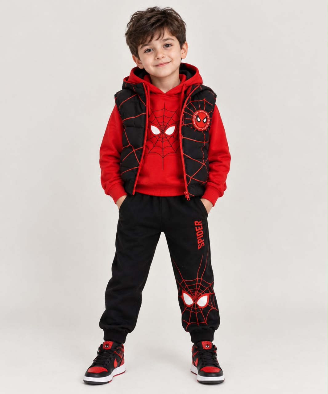 MA810 - Boys Spider Web Print Hooded Puffer Vest 3-Piece Set - 3 to 4 Years