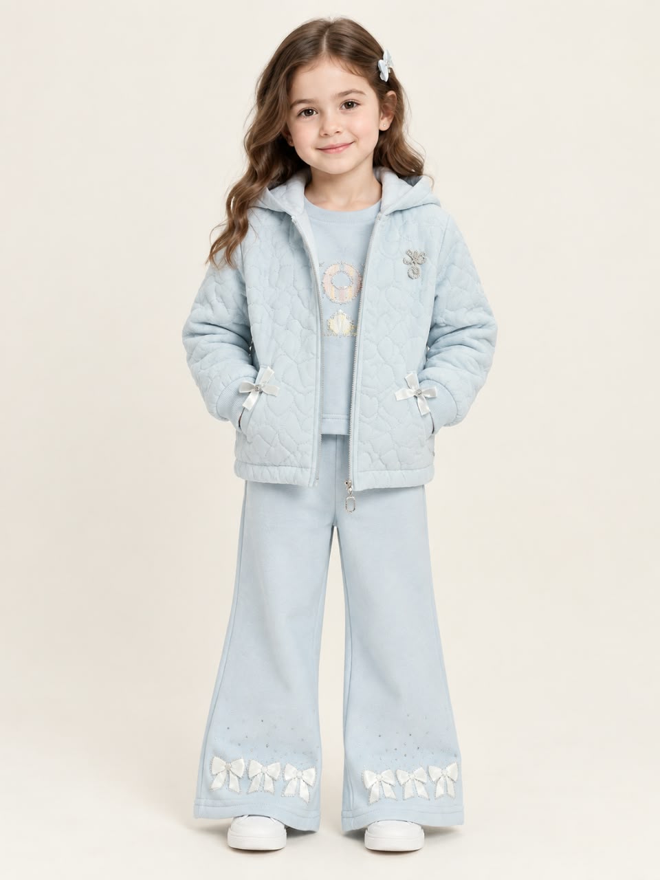 MA797 - Girls Heart Quilted Jacket & Bow Flared Pants 3-Piece Set - 1 to 4 Years