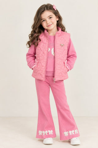 MA797 - Girls Heart Quilted Jacket & Bow Flared Pants 3-Piece Set - 1 to 4 Years