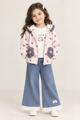 MA498 - Girls Polka Dot Ruffle Hooded Jacket & Lace Flared Jeans 3-Piece Set - 1 to 4 Years