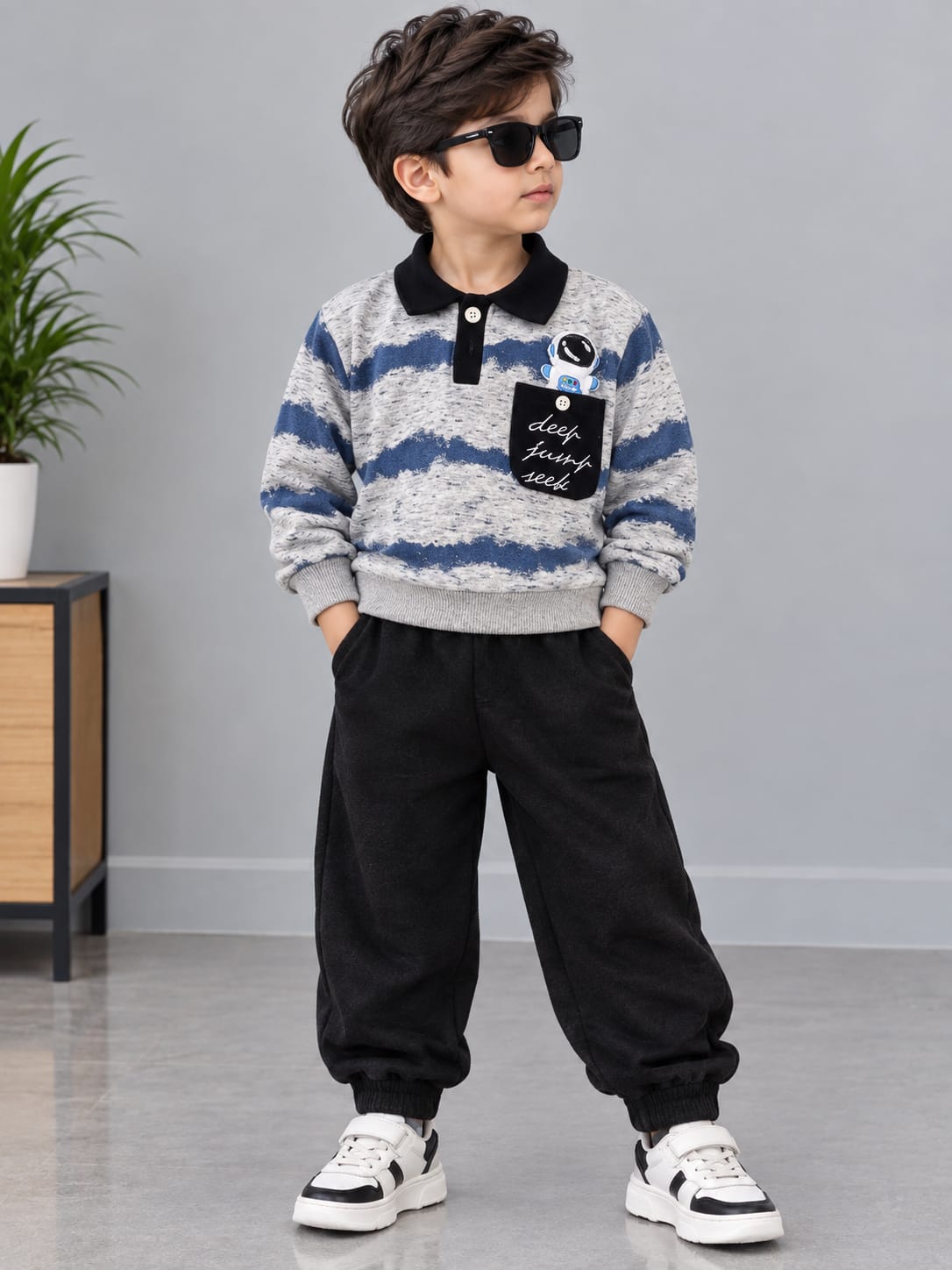 MA281 - Boys Striped Polo Sweatshirt & Pant Set - 1 to 5 Years