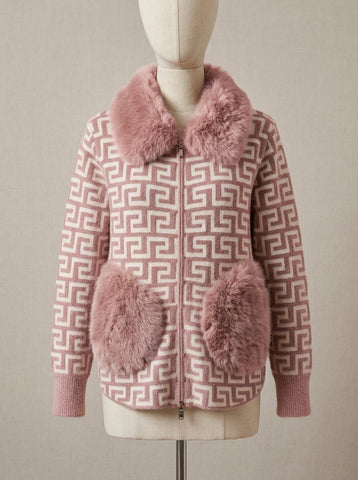 ZA198- Women Faux Fur Collar Knitted Zipper Jacket