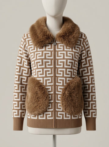 ZA198- Women Faux Fur Collar Knitted Zipper Jacket