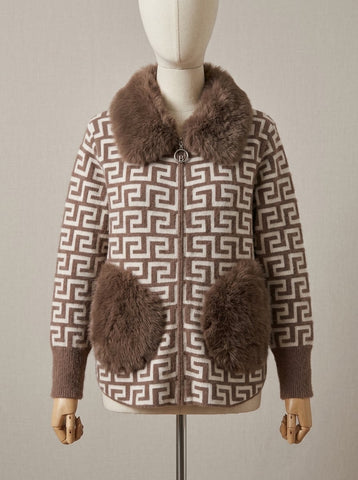 ZA198- Women Faux Fur Collar Knitted Zipper Jacket