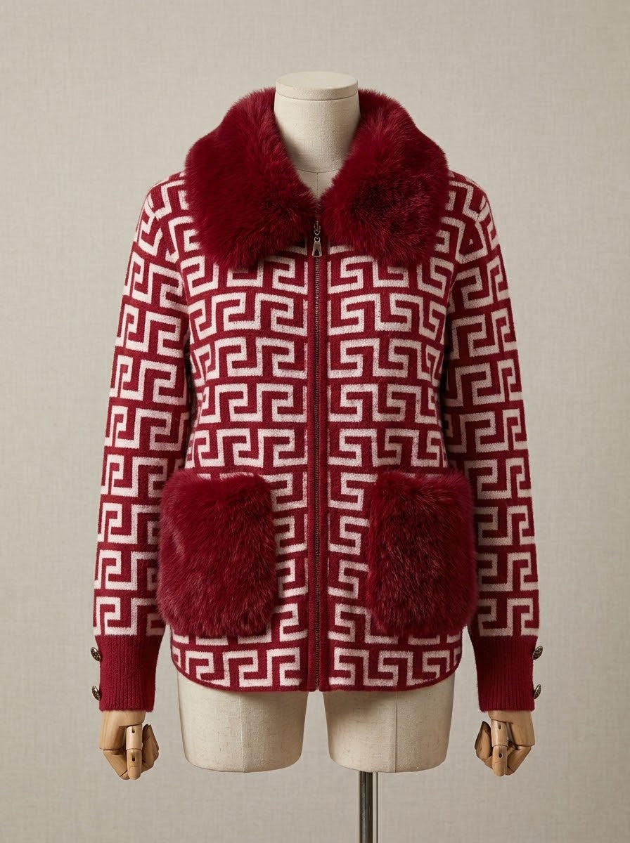 ZA198- Women Faux Fur Collar Knitted Zipper Jacket