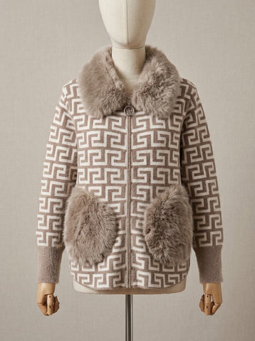ZA198- Women Faux Fur Collar Knitted Zipper Jacket
