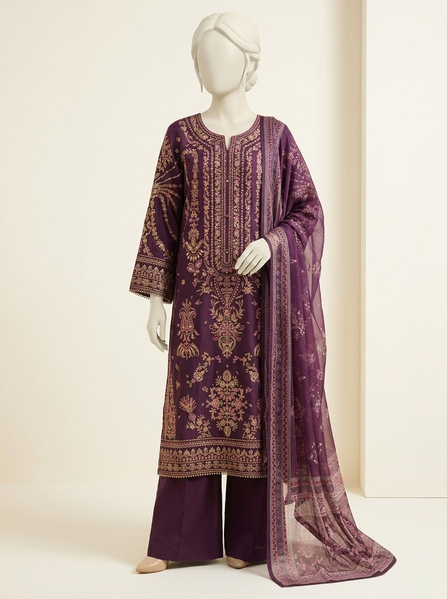 ZW039 - Women Embroidered 3PC Stitched Suit (Black & Plum)
