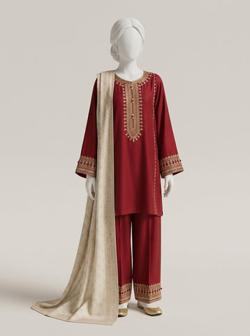 ZW039 - Women Embroidered 3PC Stitched Suit (Red)