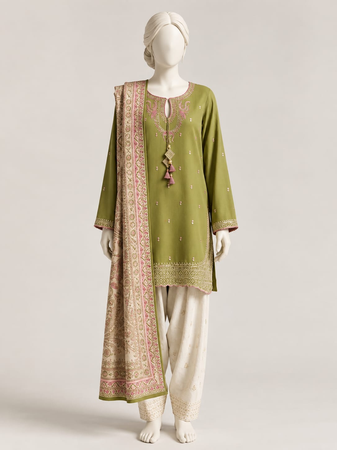 ZW039 - Women Embroidered 3PC Stitched Suit (Red & Olive Green)