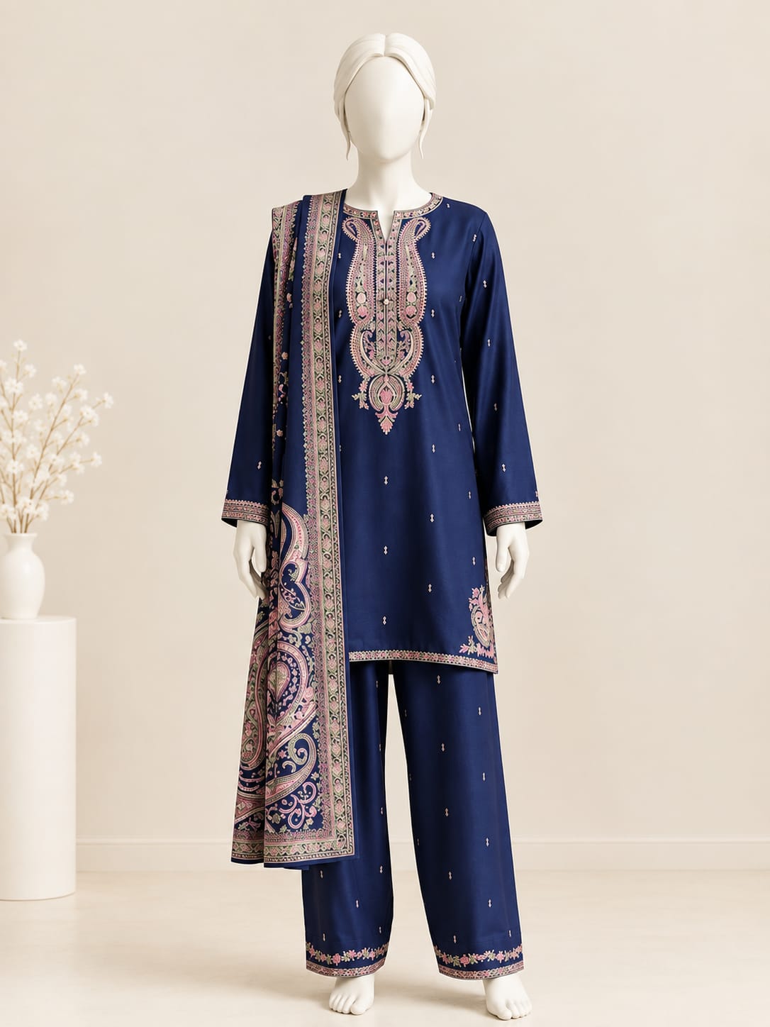 ZW039 - Women Embroidered 3PC Stitched Suit (Navy Blue)