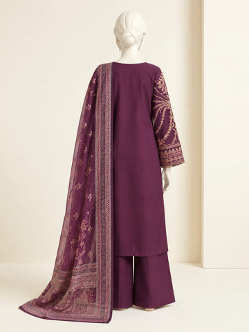 ZW039 - Women Embroidered 3PC Stitched Suit (Black & Plum)