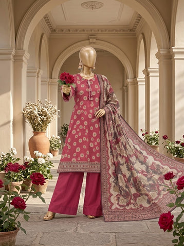 ZW038 - Women Printed 3PC Stitched Suit (Rose Pink & Beige)