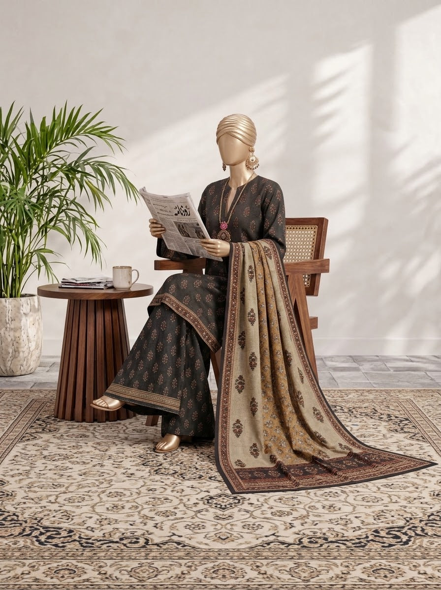 ZW038 - Women Printed 3PC Stitched Suit (Beige & Rose Pink)