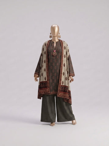 ZW038 - Women Printed 3PC Stitched Suit (Beige & Rose Pink)