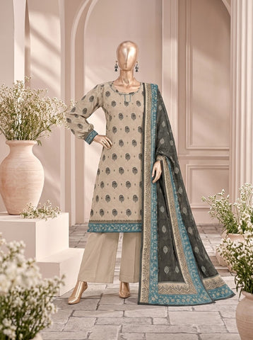 ZW038 - Women Printed 3PC Stitched Suit (Rose Pink & Beige)