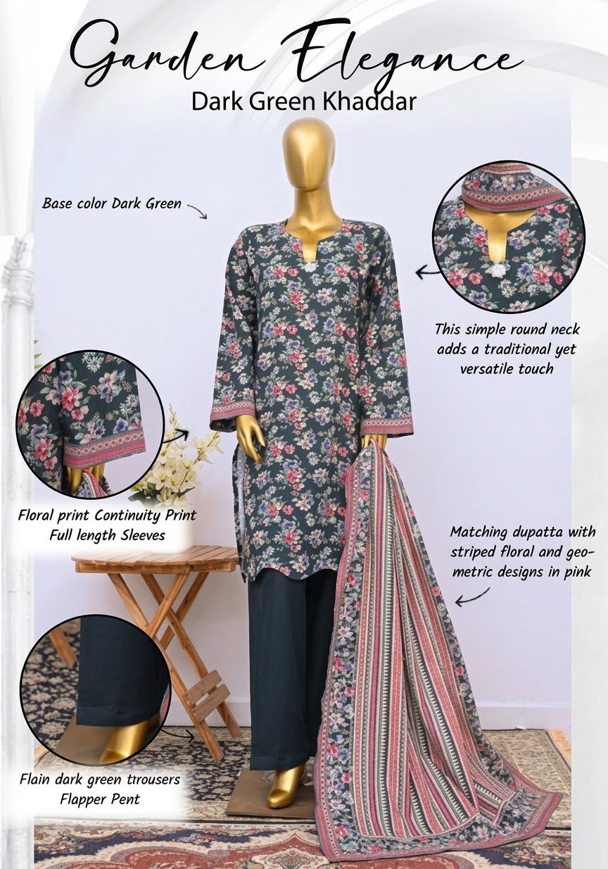 ZW038 - Women Printed Khaddar 3PC Stitched Suit (Dark Green & Maroon)