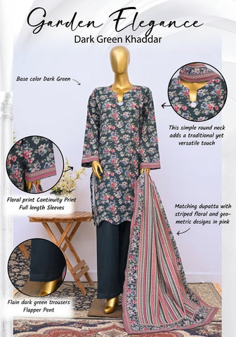 ZW038 - Women Printed Khaddar 3PC Stitched Suit (Dark Green & Maroon)