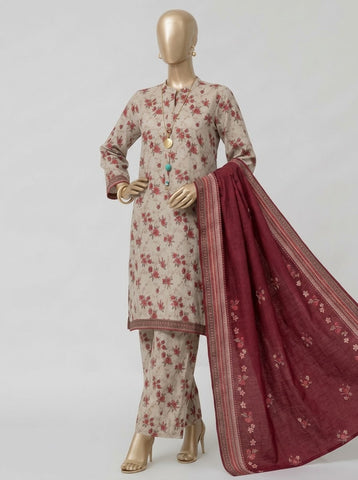 ZW038 - Women Printed 3PC Stitched Suit (Beige Floral & Charcoal)