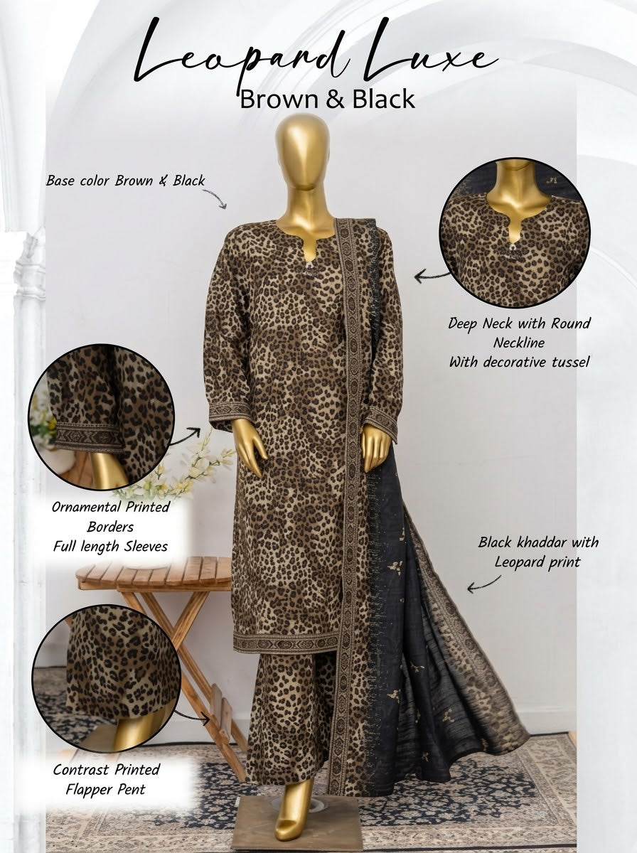 ZW038 - Women Printed 3PC Stitched Suit (Leopard & Deep Red)